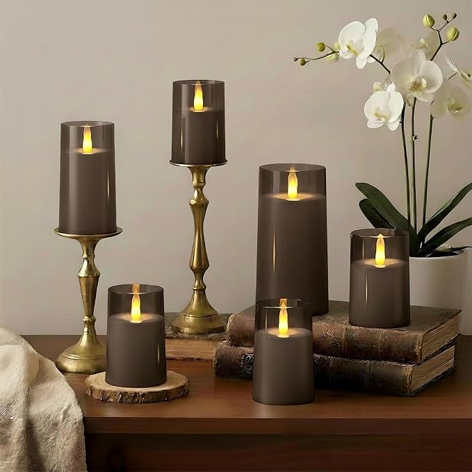 Raycare Flameless Electronic Pillar Candles with Remote Control and Timer- Battery Operated Realistic Flickering LED Fake Candle for Home, Wedding, Valentine's Day Decor, Grey,Set of 3(3"x4"5" 6")