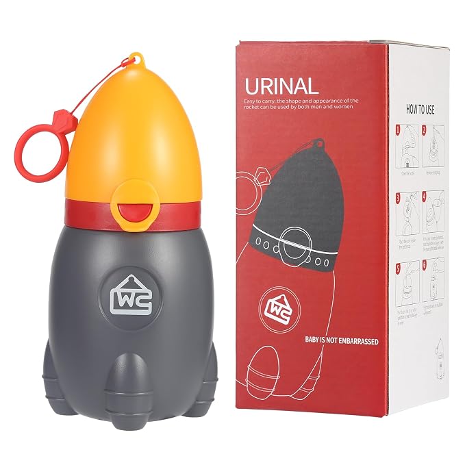 ONEDONE Portable Urinal for Kids Rocket Pee Bottle for Kids Emergency Toilet Urinal for Toddlers Boys Girls 12.5 OZ Small Pee Cup for Kids Camping Car Travel Potty Training Baby Urinal Orange
