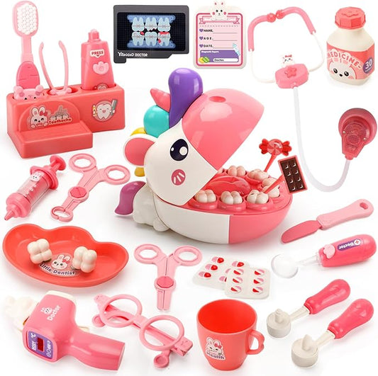 ORANGE OCEAN 34 PCS Dentist Play Set for Girls Kids, Pretend Play Doctor Kit for Kids Toddlers Ages 2-4 3-5, Kid Dentist Play Doctor Set with Light & Sound, Toys Gifts for 3 4 5 Year Old Girls Boys
