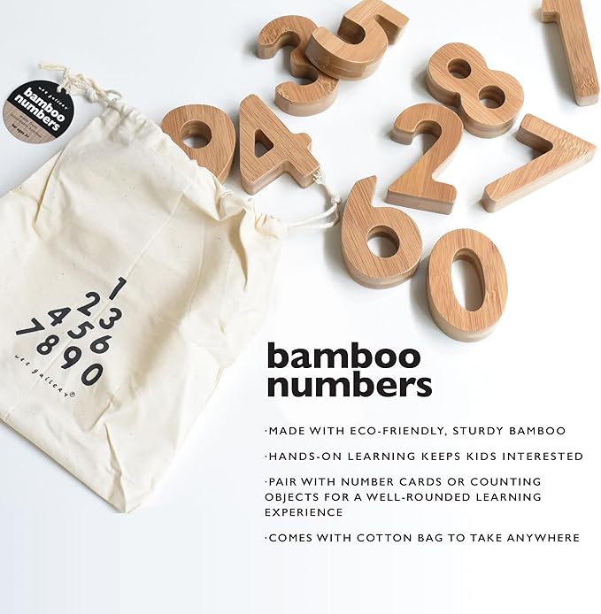 Wee Gallery Bamboo Numbers Set - Number Learning for Baby, Toddler, Preschool Age Kids - Interactive Wooden Numbers to Stimulate Early Development Through Educational Toys