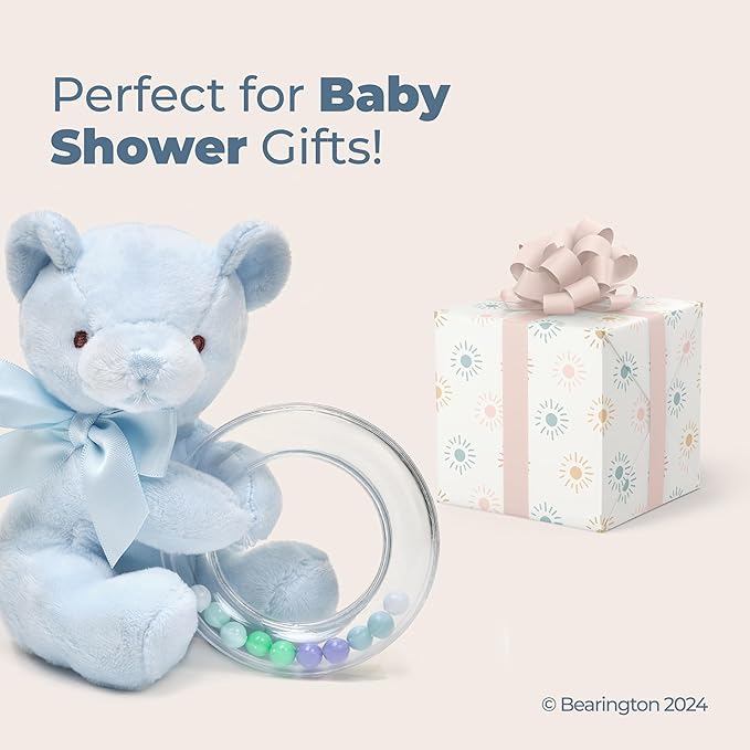Bearington Collection Baby Polky Blue Plush Stuffed Animal Teddy Bear Shaker Toy Ring Rattle, 5" - Baby Boy Toys - Newborn Stuffed Animal