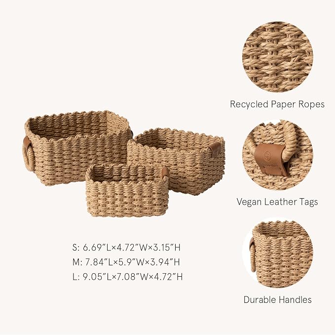 LA JOLIE MUSE Small Wicker Baskets for Organizing, Desert 3 Pack | Decorative Organizer with Vegan Leather Tag, Round Handle, Storage Baskets for Shelves, Bedroom, Kitchen, Office and Home