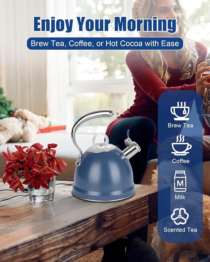 Harriet Tea Kettle Stovetop, 2.5 Quart Whistling Stainless Steel Tea Pot, 3-Layer Base, Unique Ergonomic Handle, Includes Pot Holder & Mat, Electric/Induction/Gas Stovetops Applicable, Blue