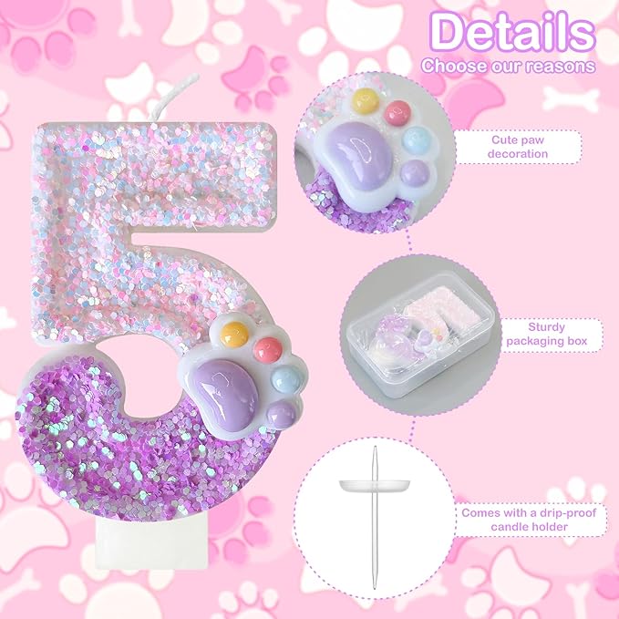 Pink Cat and Dog Paw Birthday Number Candles, Cupcake Decorations, Dog Theme Candles, Suitable for Party Celebrations, Birthday Decoration Supplies (Number 5)