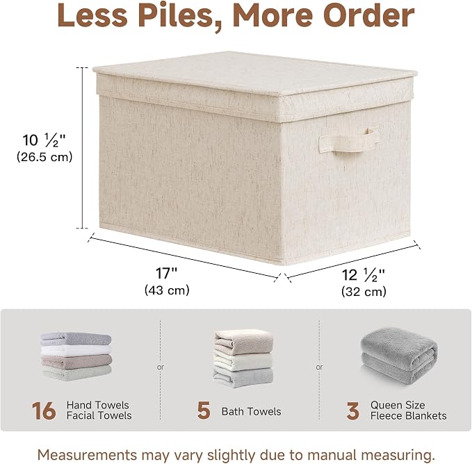StorageWorks Fabric Storage Bins with Lids, Closet Storage Bins | Lidded Dust-proof, Easy Pull Handles, Foldable, Stackable, Ideal for Clothes Blanket Towel, Jumbo, Rustic Linen, 3-Pack