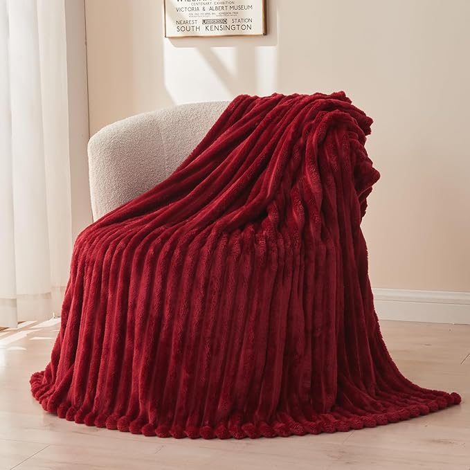 NEWCOSPLAY Super Soft Twin Blanket Red Premium Silky Flannel Fleece 3D Ribbed Jacquard Lightweight Bed Blanket All Season Use (Red Ribbed, Twin(60"x80"))