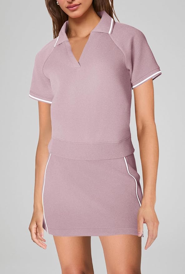 Womens Workout Sets 2 Piece Outfits V Neck Short Sleeve Polo Shirt and Tennis Skort Set with Pockets