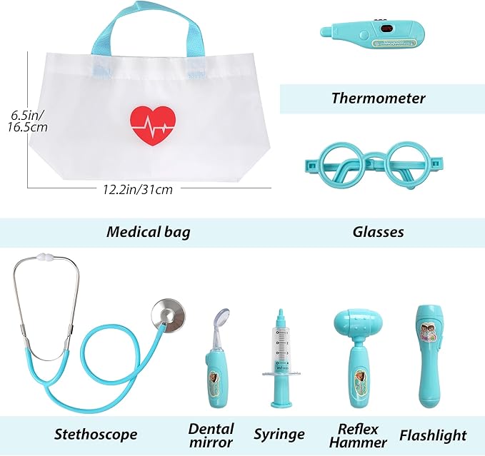 Kids Doctor Kit, 8 Pieces Kids Doctor Playset with Medical Storage Bag & Real Stethoscope, Pretend Play Doctor Toys for Toddler Boys Girls Aged 3 4 5 6