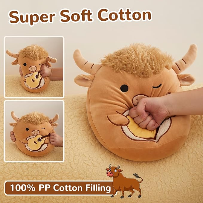 Glow Guards 12'' Highland Cow Plush Pillow Cute Highland Cow Stuffed Animal Holding Guitar Soft Plush Toy Birthday Gift for Boys Girls Kids