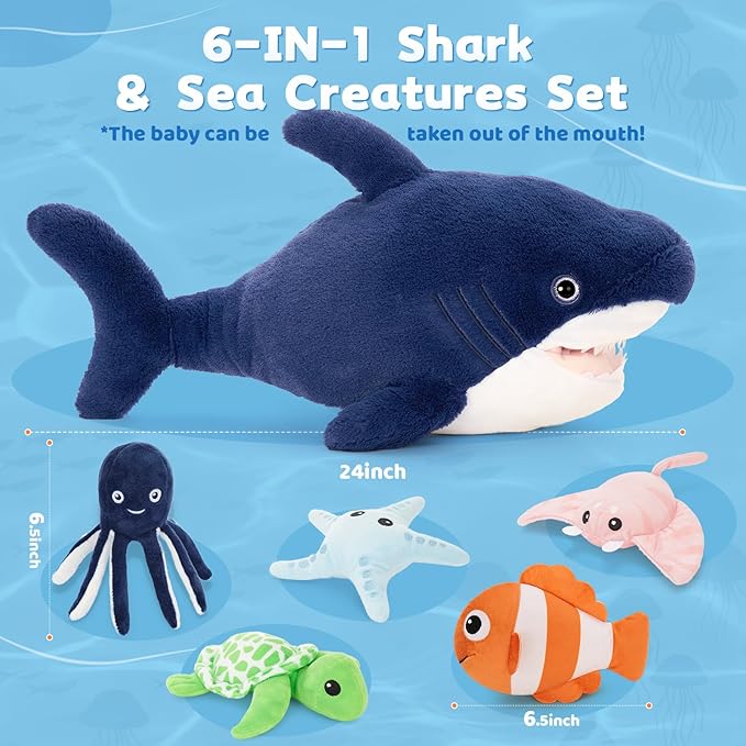 MaoGoLan 24 inch Large Plush Shark Stuffed Animal, Shark Toys with 5 Ocean Sea Animals Inside No-Zipper Mouth - Octopus, Turtle, Clown Fish, Starfish, Stingray - Kids Party Favors Decorations