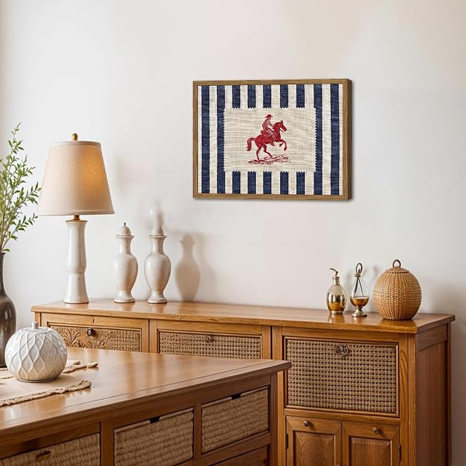 Vintage Western Wall Art Mid Century Striped Cowboy Wall Decor Painting Blue and White Southwest Poster Canvas Print for Bedroom Lving Room 16x24 inch Wood Framed