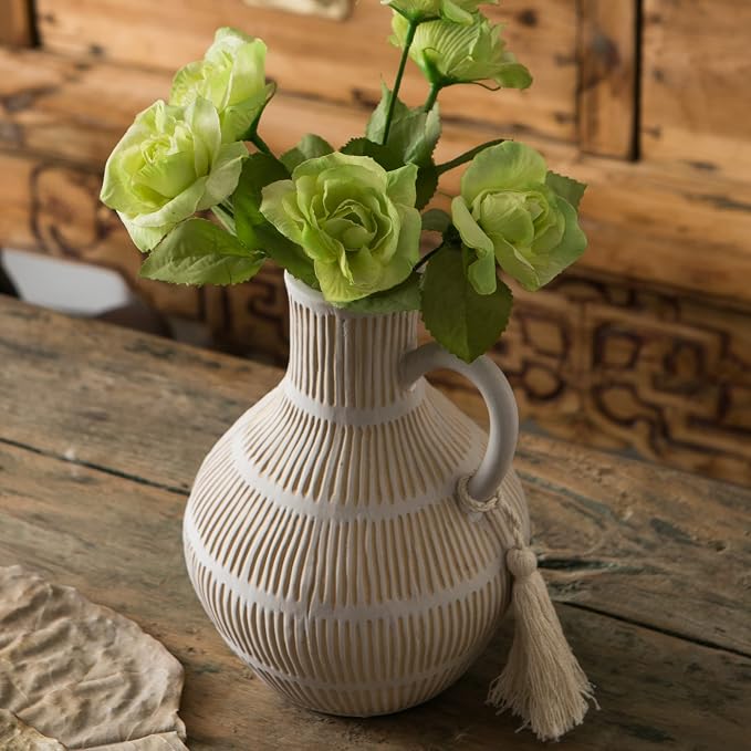 Mowtanco Rustic Ceramic Vase for Home Decor, Farmhouse Decorative Vases for Pampas Grass, Terracotta Vase with Tassel Design, Handle Flower Vase, Clay Vase for Living Room Decoration, 8 inch Tall