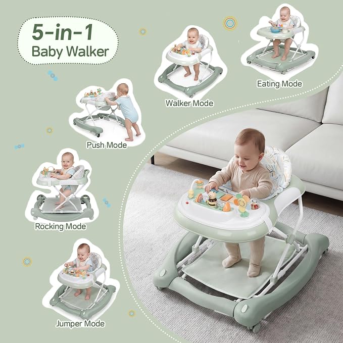 5 in 1 Baby Walker, Music and Lights Foldable Baby Walker with Wheels, 3 Adjustable Heights, with Bouncer Combo, Rocker, Activity Walker for Baby Boy and Girl 6-18 Months (Green)