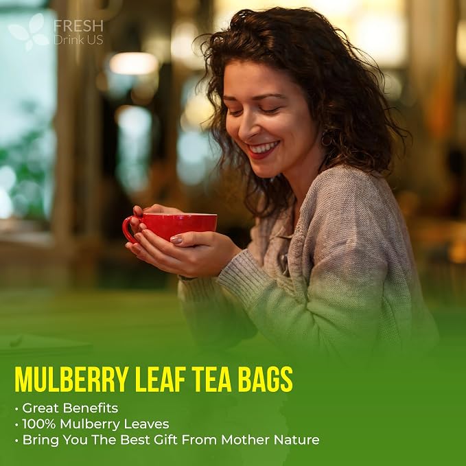 FreshDrinkUS, Premium 50 Mulberry Leaf Tea Bags, 100% Natural & Pure from Mulberry Leaves. Herbal Tea. Made with Natural Material Tea Bags. No Sugar, No Caffeine, No Gluten, Vegan.