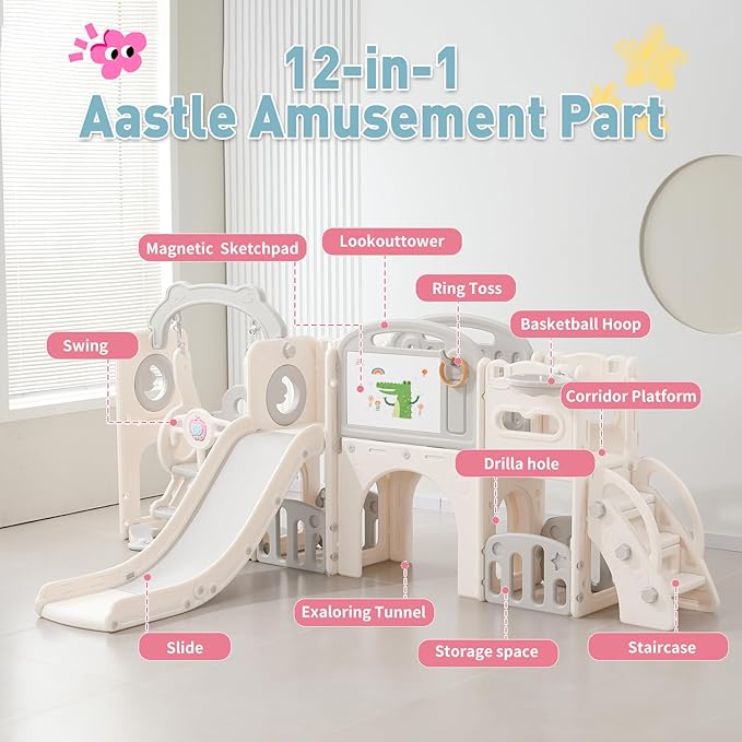 Outdoor Toddler Playset Swing Set with Slide, Indoor Playground for Toddlers 1-3, Kids Slide for Toddlers, Climber Play Set with Basketball Hoop and Ball,Tunnel Playhouse and Storage Space