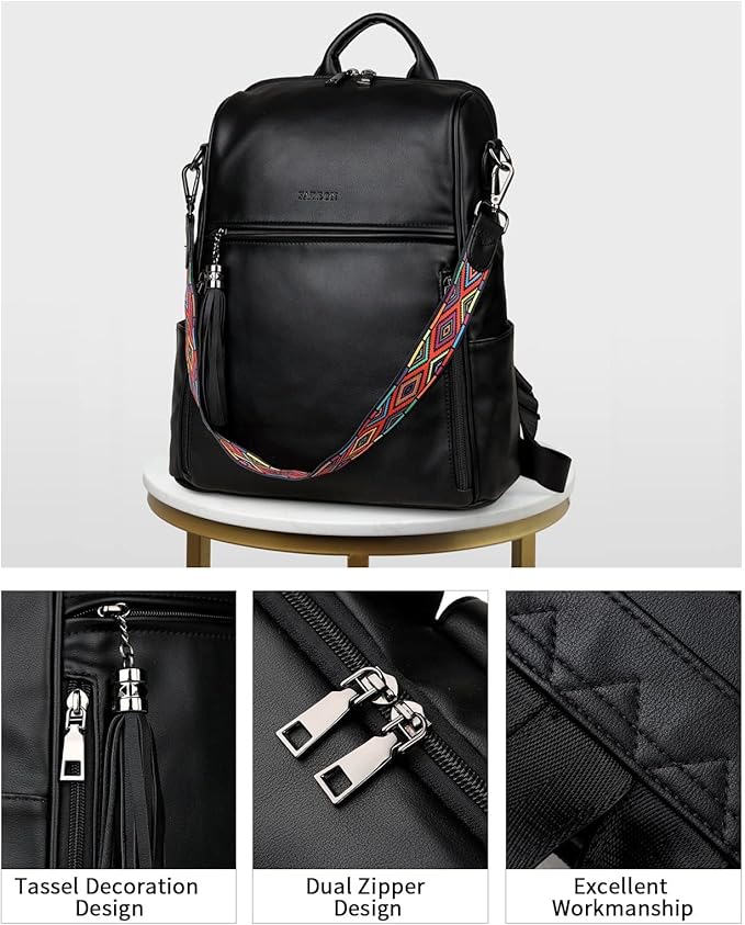 FADEON Leather Backpack Purse for Women Designer Travel Backpack Purses PU Fashion Ladies Shoulder Bag with Tassel