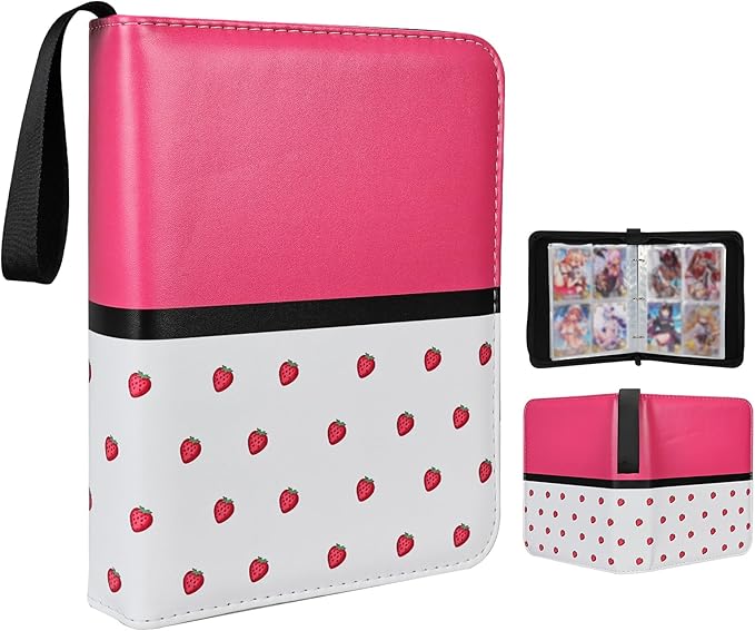Collectible Trading Card Albums,4 Pocket Card Binder, 400 Double Sided Pocket,PU Premium Zip Trading Card Binder for TCG, MTG,Sports Cards (Pink Red White)