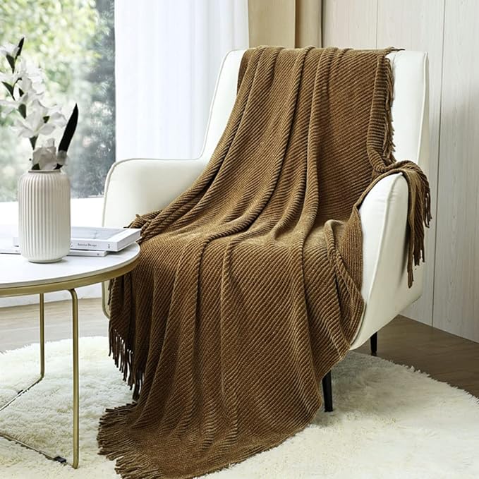 CREVENT Boho Chenille Throw Blanket for Couch Sofa Chair Bed Home Decoration, Super Soft Warm Cozy Knit Blanket for All Season (50''X60'' Coffee/Prairie Sand)