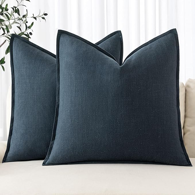 MIULEE Decorative Linen Euro Sham Pillow Covers 24x24 Deep Blue | Boho Farmhouse Neutral Couch Throw Pillows for Bed, Pack of 2 Accent Coastal Modern Pillowcases, Sofa Livingroom Home Decor