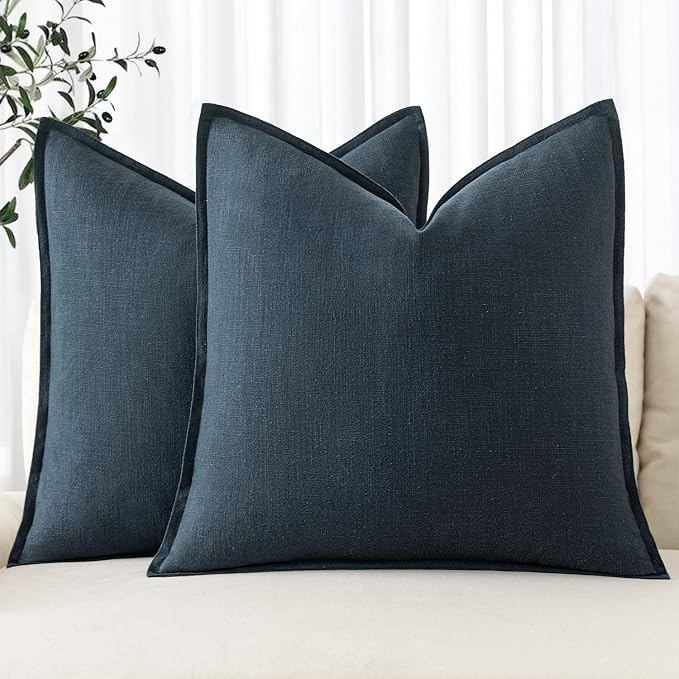 MIULEE Decorative Linen Pillow Covers 20x20 Inch Deep Blue | Boho Farmhouse Neutral Couch Throw Pillows for Bed, Pack of 2 Accent Coastal Modern Pillowcases, Sofa Livingroom Home Decor