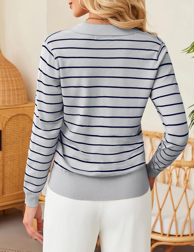 Women's Long Sleeve Classic V Neck Casual Fall Winter Polo Sweater Tops | Basic Collared Knitted Fashion Work Business Formal Daily Wear Versatile Pullover Shirts