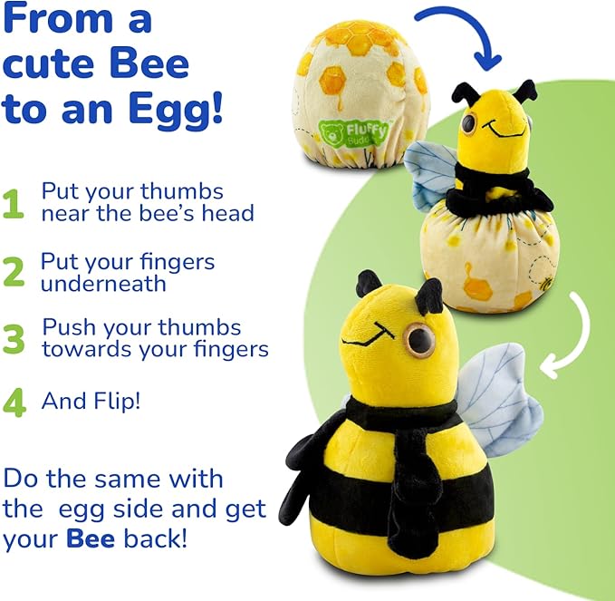 Plushie Bee - Reversible Stuffed Animal, Small Plushies - Soft & Cuddly Plushie - Sensory Toy, Eco Friendly, Educational - Egg to Bee - Kids Pushies - Coloring TAG - Gift for All Ages