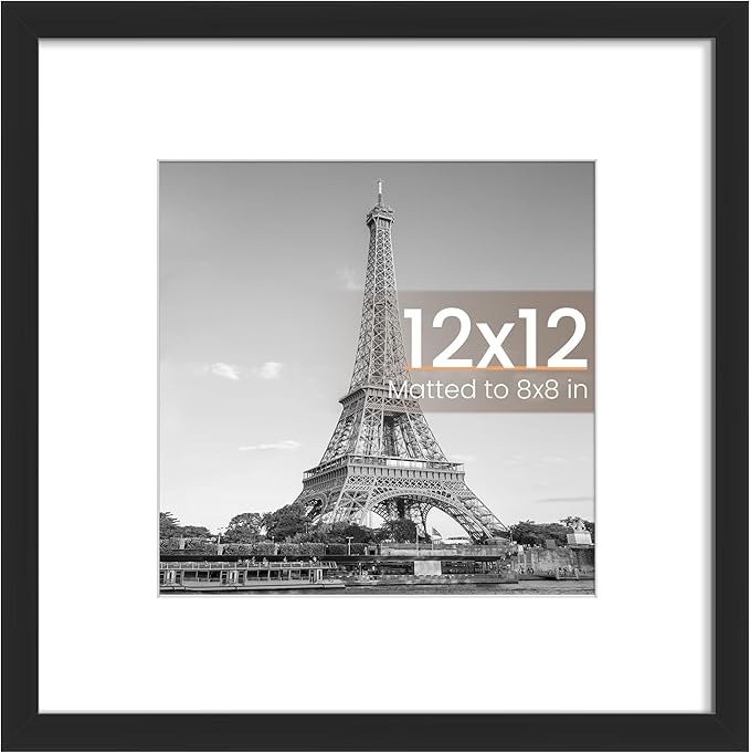upsimples 12x12 Picture Frame, Display Pictures 8x8 with Mat or 12x12 Without Mat, Wall Hanging Photo Frame, Black, 1 Pack