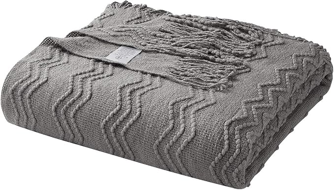 BOURINA Dark Grey Throw Blanket 50x90 Inch Boho Knit Soft Throw Bed Blanket | Knitted Throw Blanket 50x90 Inches, Soft Lightweight Boho Weave Throw Decorative Couch Blanket for Living Room Bed Runner