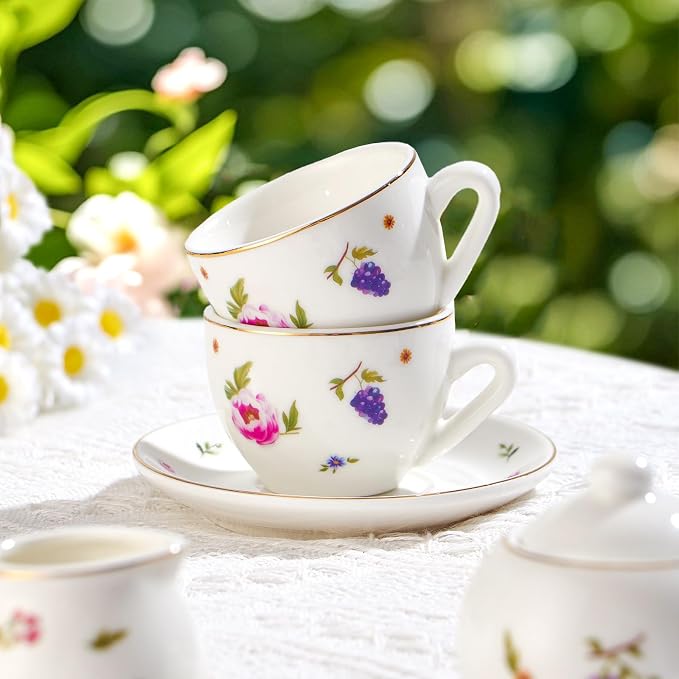 TUZT Tea Party Set for Little Girls Ages 3-8, White Floral Porcelain Tea Set with Gold Trim Edges, Princess Tea Time Toy Includes Pot & Cups & Saucers & Suitcase, Birthday Gifts for Toddlers Girls