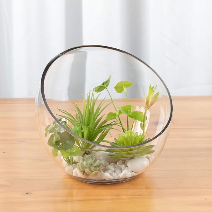 WGV Slant Cut Bowl Glass Vase, Width 9", Height 8.25", Clear Terrarium, Candy Dish, Fruit Jar, Floral Container for Wedding Party Event, Home Office Decor, 1 Piece