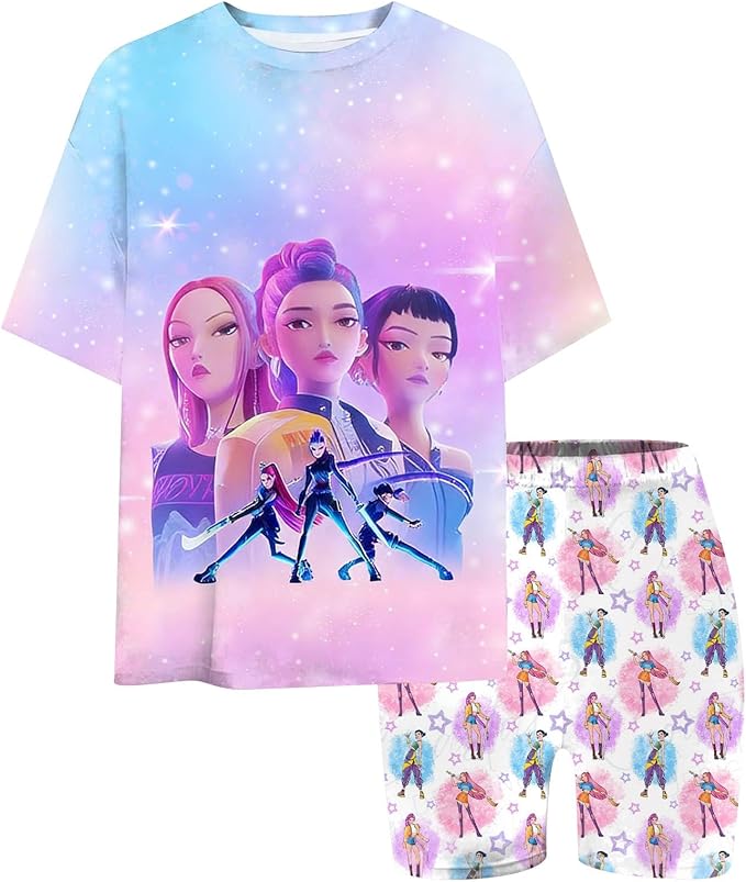 K-POP DEM0N Hunters Outfits for Girls, 2 Piece T-Shirts and Apparel Sets Birthday Gift