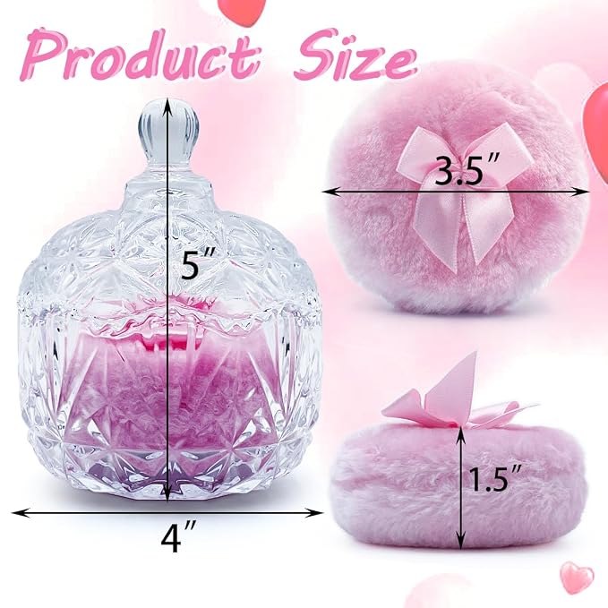 4" Glass Dusting Powder Container with 2 Fluffy Puffs,Cute 3.5" Soft Body Powder Puff and Jar Set(Crown-clear)