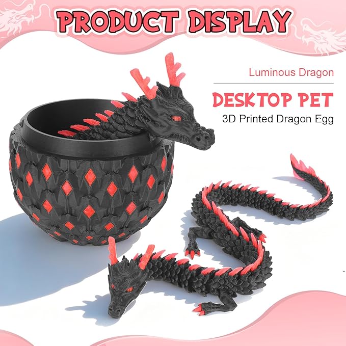 12-inch 3D Printed Dragon Eggs, Glow in The Dark Fidget Toys for Kids & Adults, for Home Office Desk Decor (Blue + Pink, Pcs, 2)