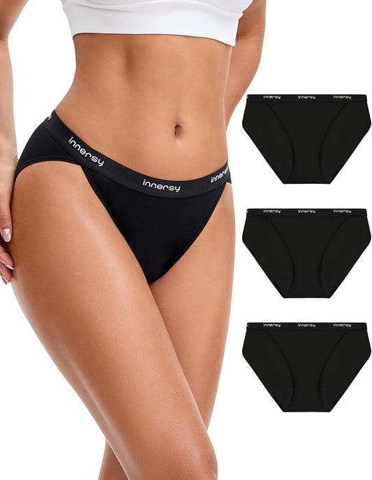 INNERSY Period Underwear Bikini Cotton Leak-Proof Moderate Flow 3-Pack | High-Cut Panties, 20ml Absorbency for Menstrual and Postpartum Protection
