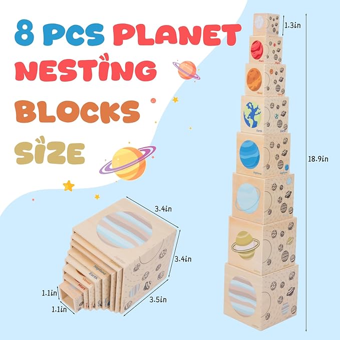 Wooden Eight Planets Nesting Blocks for Kids 3+, Montessori Sorting & Stacking Cube Boxes, Preschool Educational Science Toy Set for Toddlers Boys & Girls―Learning Solar System (8 Pcs)
