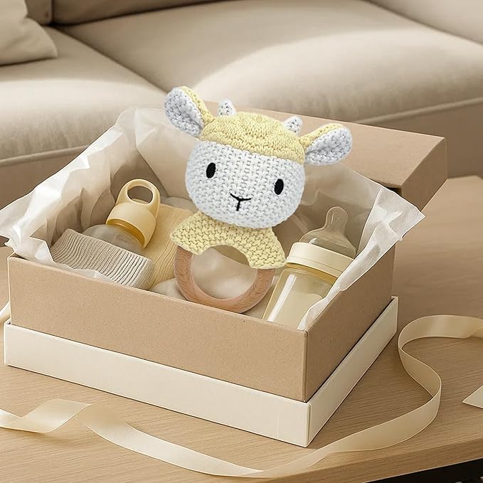 Sheep Baby Rattle for Newborn Plush Rings Crochet Lamb Teether Toy Wood Handle Textured Sensory Grip Fine Motor Skills Teething Toy Cute Farm Animal Plush Stuffed Stuffer Photo Prop