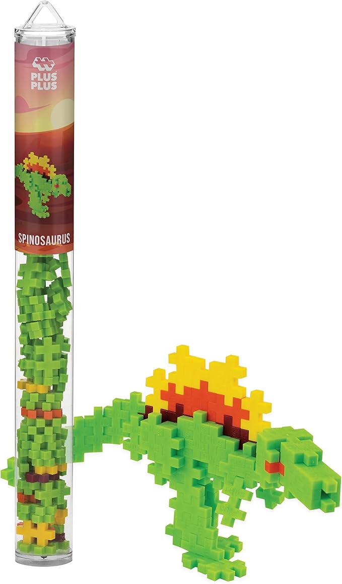 PLUS PLUS 3D Dinosaur Figure Building Block Set, 70 Mini Interlocking Puzzle Pieces, Fun Stem Toys for Kids - Spinosaurus Maker Tube