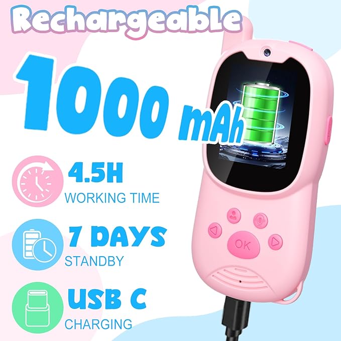 Video Walkie Talkies for Kids, Facetime Walkie Talkies Toys for Age 3-12 Boys Girls, HD Camera & Voice Changer 1000FT Long Range Recharge Kids Valentines Easter Gifts Indoor Outdoor Camp (Blue+Pink)