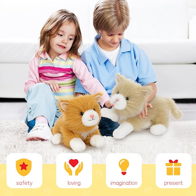 Tezituor 2 Pcs Realistic Cat Stuffed Animal Set, 17 Inch Large Stuffed Teddy Cat Plush Toy with Long-Hair, Cute Plush Kitten Birthday Gift for Girl Boy (Orange & Golden)
