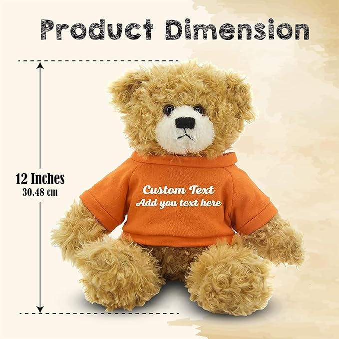 Customized Beige Brandon Bear - 12 inch Personalized Stuffed Bear Plush Toy - Perfect Custom Shirt Bear Gift for Graduation Valentines Graduation Easter Holidays (Orange Shirt)