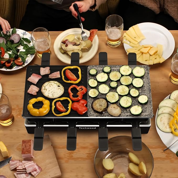 Raclette Grill, Techwood Electric Indoor Grill with 2 Reversible Non-stick Grill Griddle Plates, 1 Stone Grill Plate, 1500W Fast Heating with 8 Cheese Pans, Ideal for Parties and Family Fun, Black
