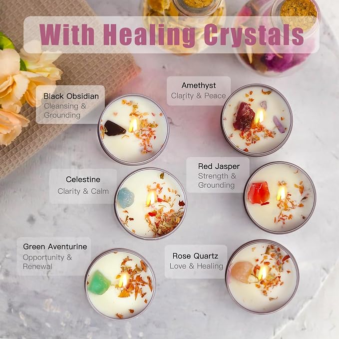 Chakra Crystals Candle, 3 Scented Soy Candles with Crystals, Spiritual Gifts for Women, Mothers Day Gifts, Aromatherapy Candle, Canned Soy Candles (Enery Balance Set)