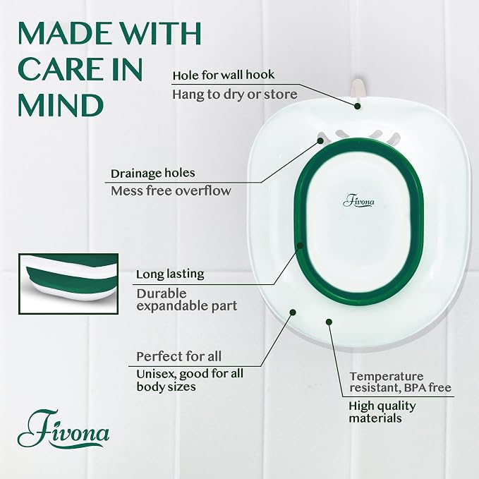 Fivona Sitz Bath for Toilet Seat Postpartum and Hemorrhoids Care - Yoni Steam Seat - Foldable Basin for Epsom Salt Soak - Portable Bidet BPA Free Temperature Resistant - Universal Fit - Dark Green