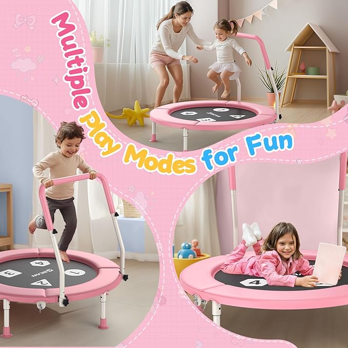 BCAN BT1 36'' Toddler Trampoline, ASTM Certified-Foldable Mini Trampolines for Kids Ages 1-6, Adjustable Handle, Safety Pad & Foldable Legs, Baby Trampoline Indoor/Garden, Gift for Boy and Girl