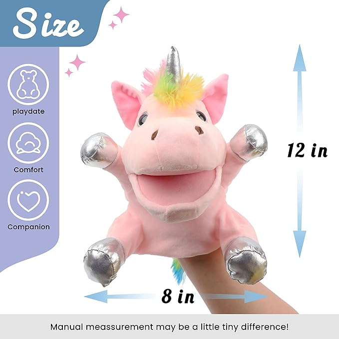 Hopearl Plush Unicorn Hand Puppet with Open Movable Mouth for Imaginative Play, Role Play, Interactive Toy for Storytelling Teaching Puppet Theater, Birthday Gift for Kids Girls, Pink, 12''