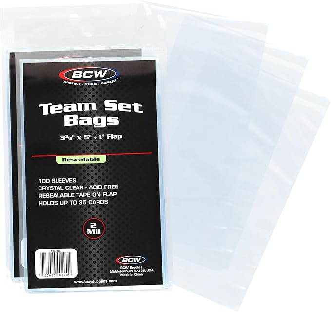 BCW Resealable Team Set Bags – 200 Count | Holds 35 Loose Cards or 5 Standard 35pt Toploaders | Fits Magnetics up to 108pt | Acid-Free Team Bags for Trading Cards & Shipping