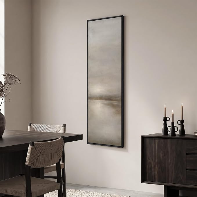 Large Framed Neutral Landscape Abstract Wall Art, Long Vertical 20x60 In | Gray brown pictures, Canvas prints, Wood frame, Modern minimalist lake paintings, Wall decor for hallway living room dining