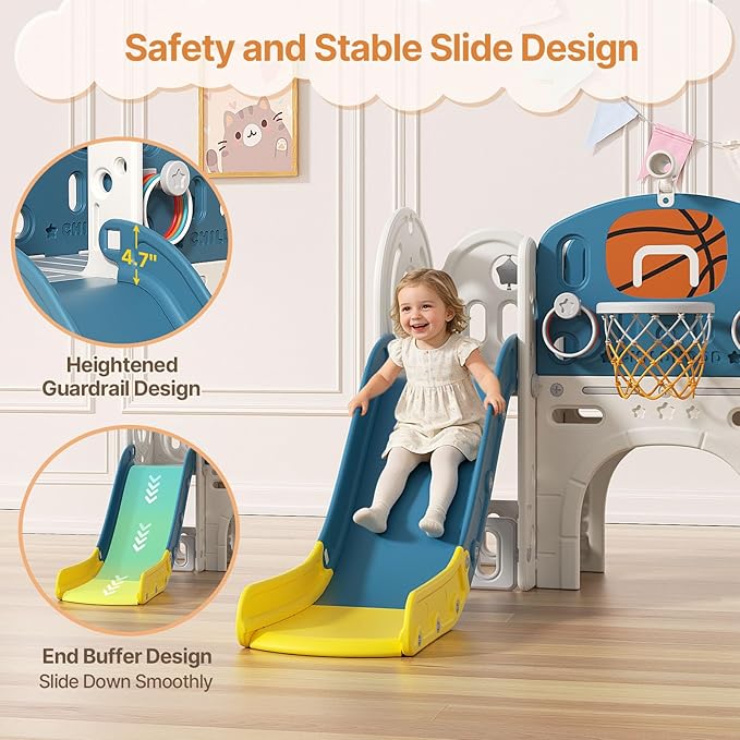 BIERUM 9 in 1 Toddler Slide, Kid Slide for Toddlers Age 1-3 with Ring Toss, Basketball Hoop, and Telescope, Indoor Outdoor Playset Playground Blue Yellow