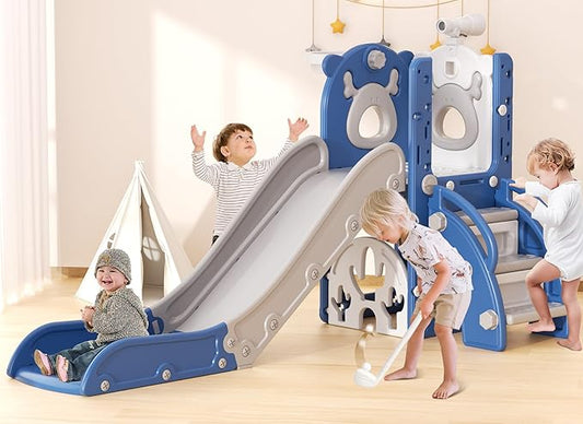 YUFU 7 in 1 Kids Slide for Toddlers, Toddler Slide Playset with Golf, Climber, Basketball Hoop and Ball, Indoor Outdoor Toddler Playground for Kids Age 1-3 (Blue)