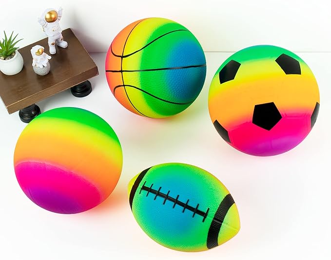 Rainbow Sports Balls Pack of 4, 1 Each of 8.5" Football, Basketball, Soccer and Volleyball for Playground, Inflatable Multi-Sport Ball Set with 1 Pump for Kids Outdoor Activities
